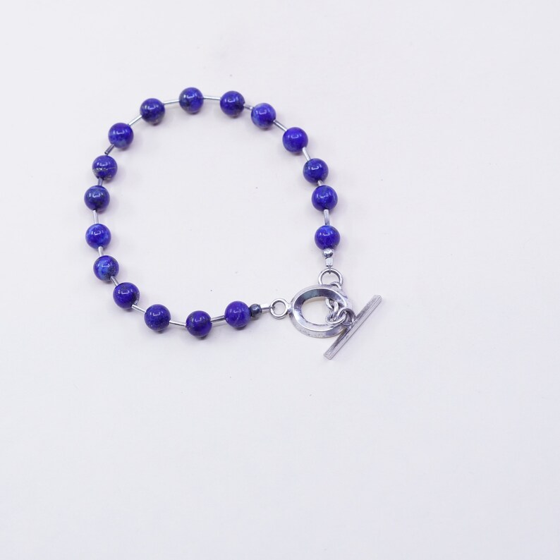 Vintage Sterling 925 silver Handmade bracelet with square shaped lapis lazuli beads 7\u201d silver tested