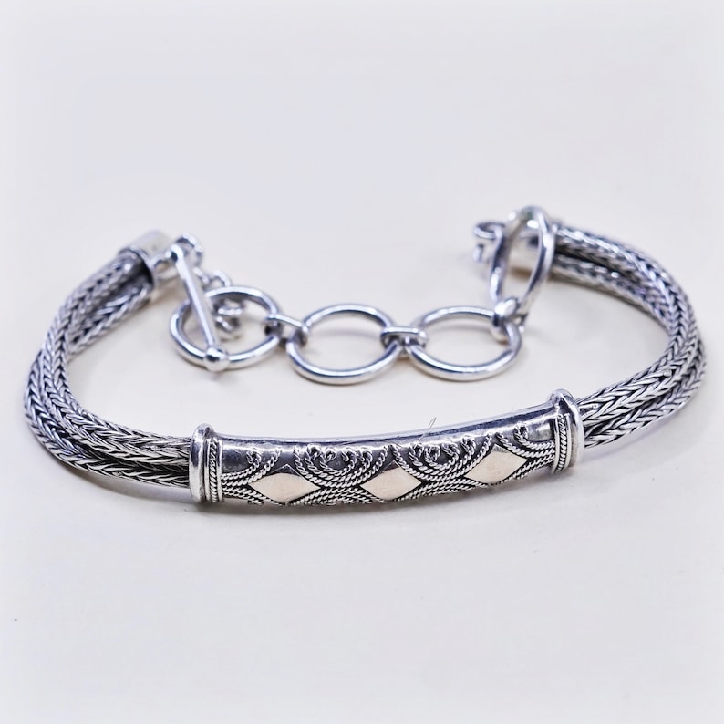6.5\u201d+1\u201d double strands 925 wheat chain with bar vintage 14K gold accent with sterling silver handmade bracelet stamped 925