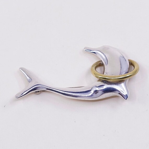 Vintage two Tone sterling silver handmade brooch, solid 925 silver dolphin w/ brass ring, stamped 925 mexico View 4