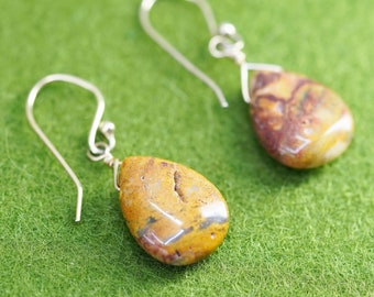 May include: A pair of teardrop-shaped earrings with a natural stone appearance. The earrings feature a silver-colored hook and wire. The stones are a mix of brown, yellow, and maroon colors, with a polished finish. The earrings are displayed on a green surface.