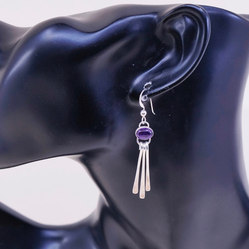 silver tested Vintage sterling silver handmade earrings 925 fringe with amethyst
