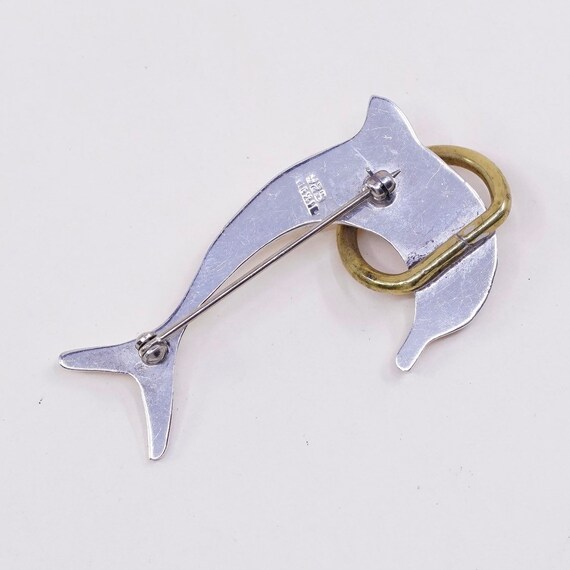 Vintage two Tone sterling silver handmade brooch, solid 925 silver dolphin w/ brass ring, stamped 925 mexico View 5