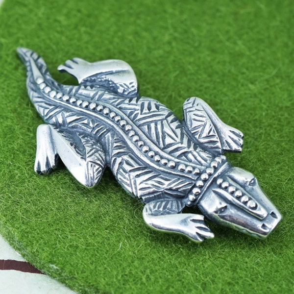 Vintage Pewter Newpro silver tone brooch, crocodile alligator pin, stamped Newpro