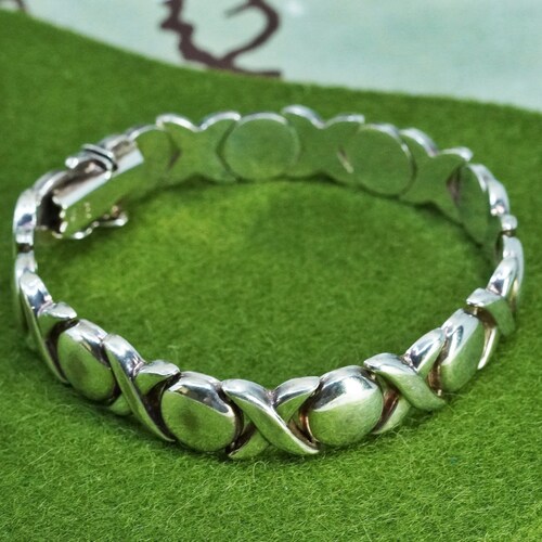 7” 10mm, Vintage outlet sterling silver tennis bracelet, 925 XOXO link wide chain, stamped 925 Italy