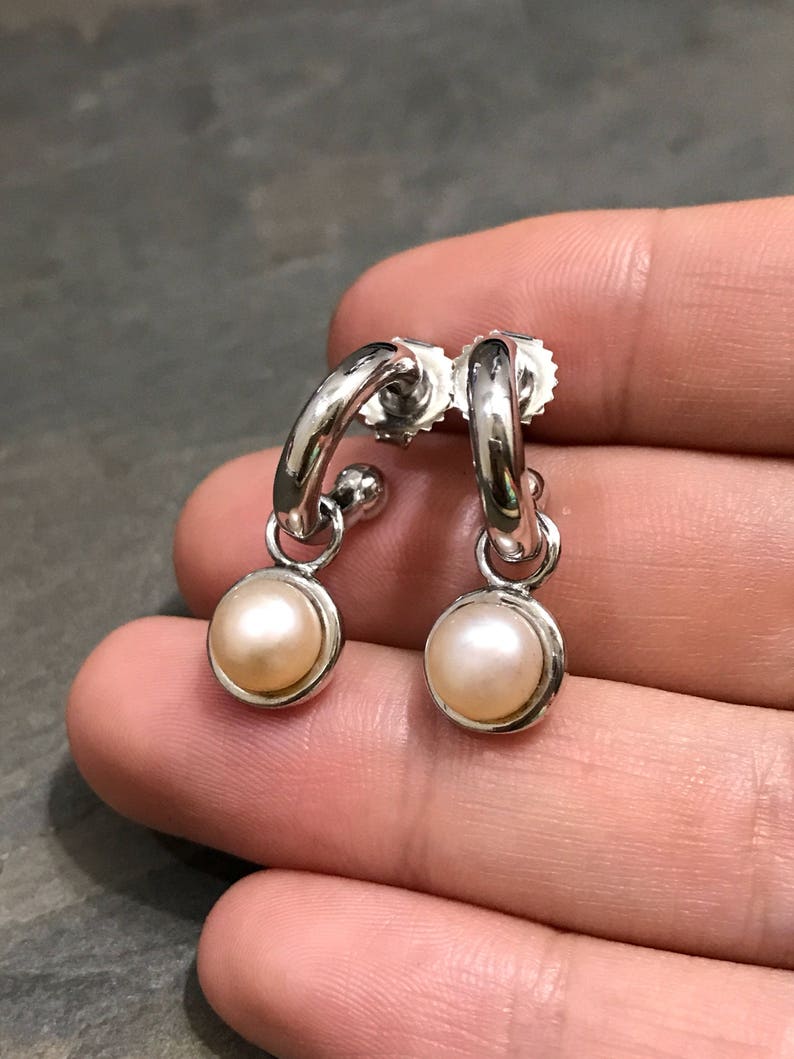 0.5 000263 Vintage fashion minimalist primitive hoops with pearl sterling silver loop earrings stamped 925