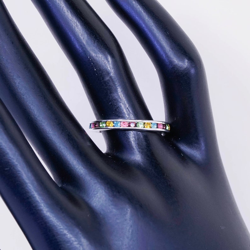 Sterling 925 silver band ring with princess cut colorful crystal stamped 925 Size 7