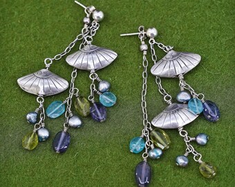 Vintage Sterling 925 silver handmade fish earrings with cluster pearl and amethyst peridot, silver tested