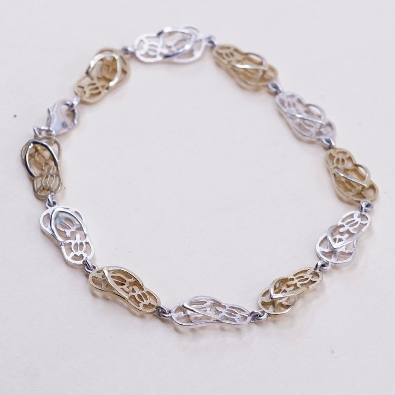 vintage two tone sterling 925 silver handmade sandal flip flop link bracelet 5.5\u201d stamped 925