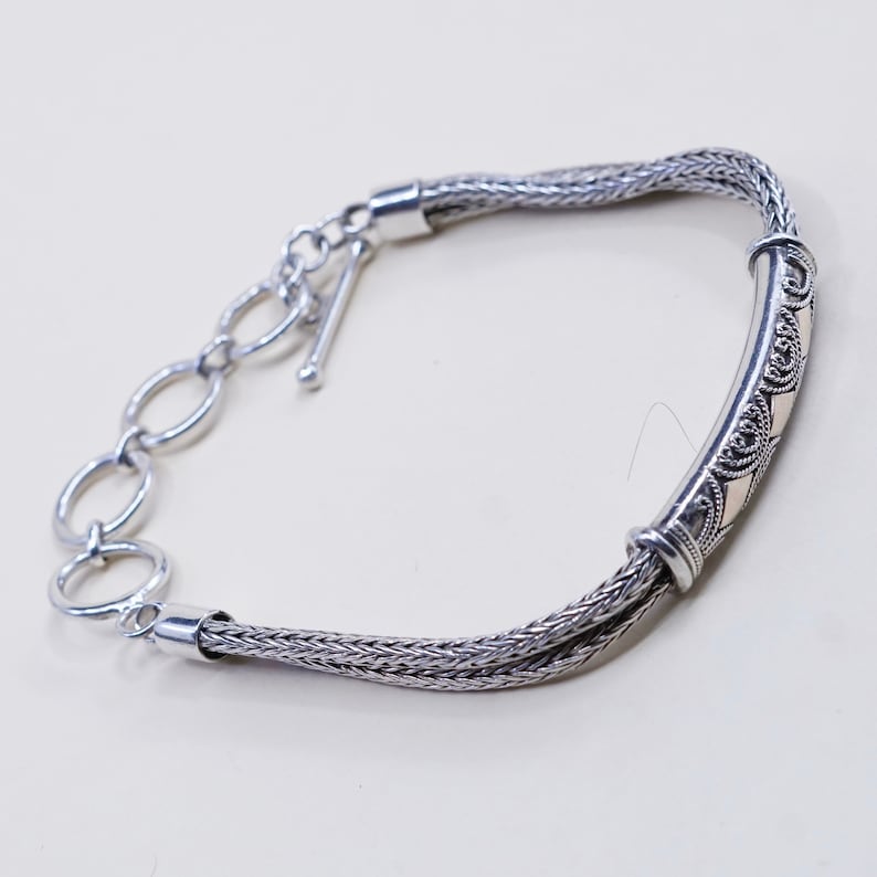 6.5\u201d+1\u201d double strands 925 wheat chain with bar vintage 14K gold accent with sterling silver handmade bracelet stamped 925