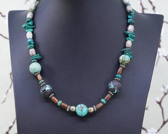 17”, vintage southwestern sterling silver 925 handmade necklace with turquoise beads and toggle closure, stamped 925