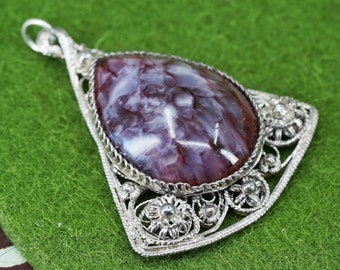 Colgante vintage de filigrana de plata de ley 925 hecho a mano con ágata en forma de lágrima y detalles de flores, plata probada