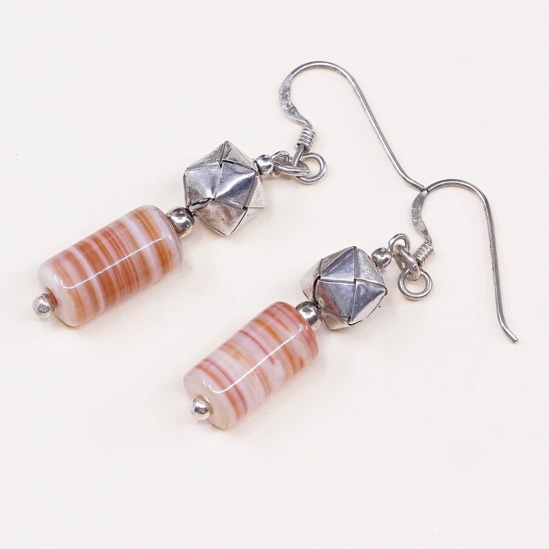 Vintage 000409 Sterling silver handmade earrings solid Thailand 925 silver origami beads with orange agate drops Stamped 925
