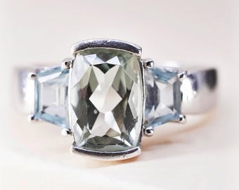 Talla 7, anillo vintage de plata de ley 925 con amatista verde y topacio, con sello 925.