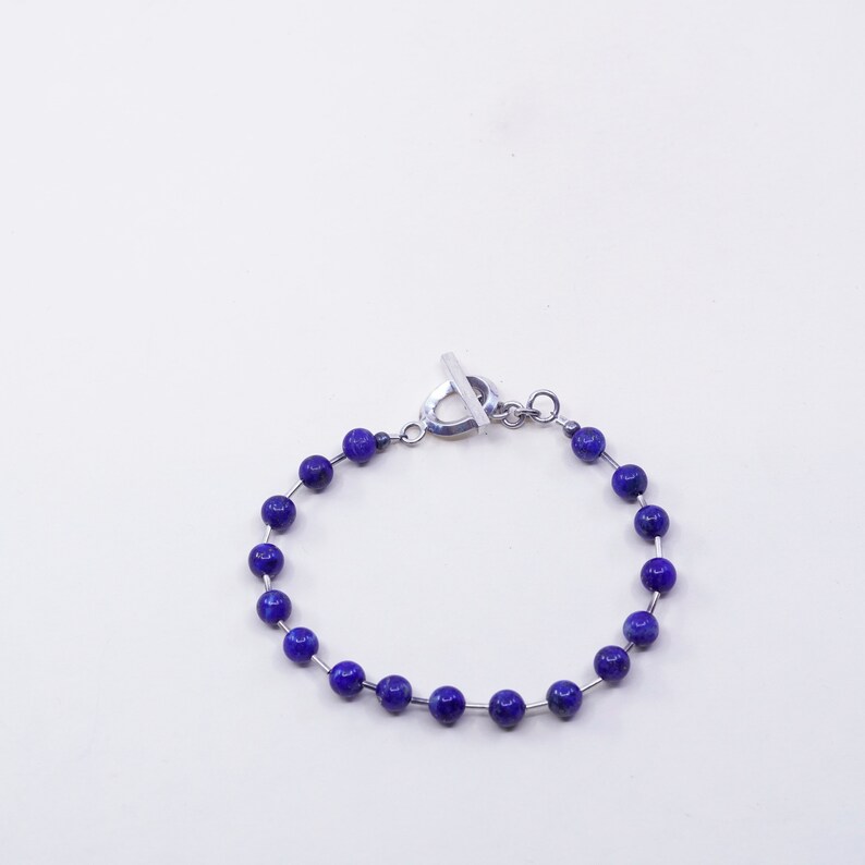 Vintage Sterling 925 silver Handmade bracelet with square shaped lapis lazuli beads 7\u201d silver tested