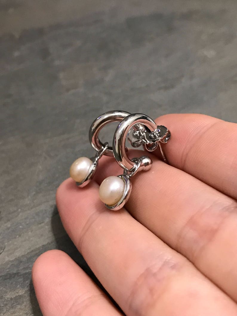 0.5 000263 Vintage fashion minimalist primitive hoops with pearl sterling silver loop earrings stamped 925