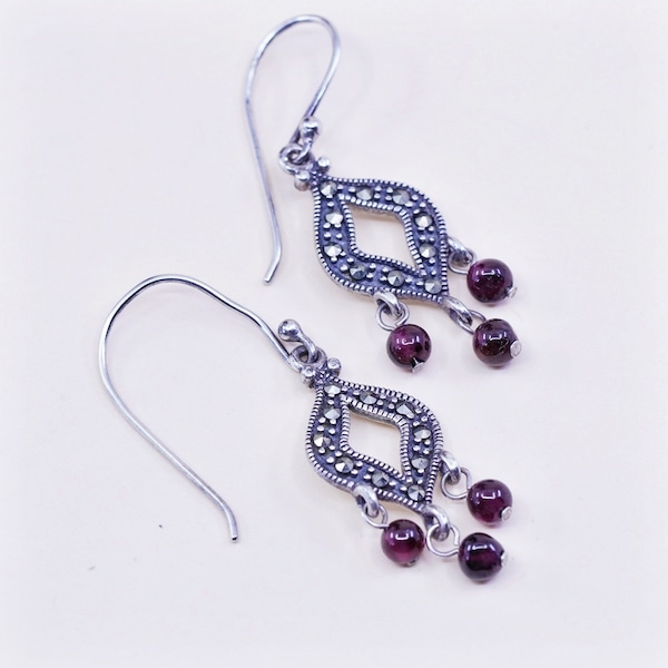 Vintage Sterling silver handmade earrings, 925 Marquise with garnet and marcasite details, stamped 925