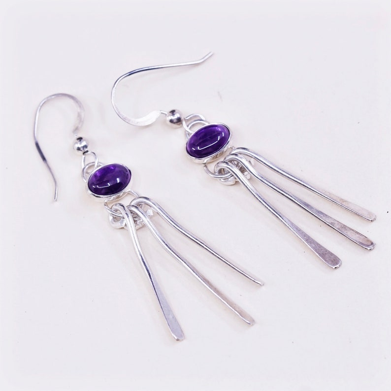 silver tested Vintage sterling silver handmade earrings 925 fringe with amethyst