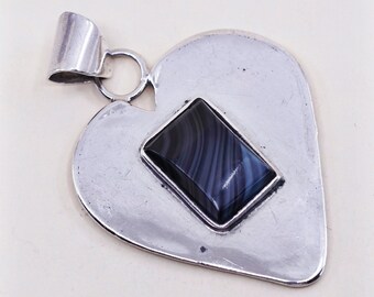 colgante de plata de ley vintage ROCEL hecho a mano, México 925 corazón con ágata, estampado 925 México ROCEL TF-16