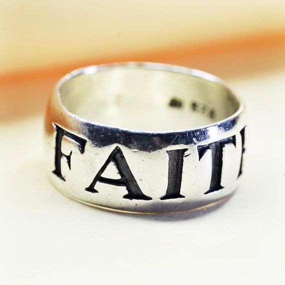 Size 6, Vintage Sterling 925 Silver Handmade Relief Faith Ring