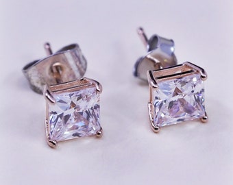 5mm, Vintage rose gold over sterling 925 silver cz studs, minimalist earrings, stamped 925