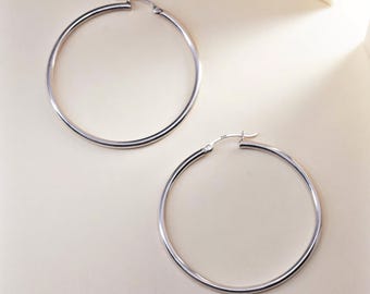 1.75” Vintage sterling silver loop earrings, fashion minimalist primitive hoops, Stamped 925