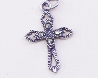 Vintage handmade sterling 925 silver cross pendant with marcasite, stamped 925