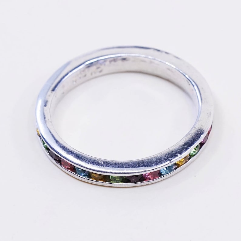 Sterling 925 silver band ring with princess cut colorful crystal stamped 925 Size 7