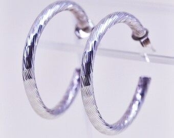 1.25” Vintage sterling 925 silver earrings, textured minimalist primitive hoops, Stamped 925