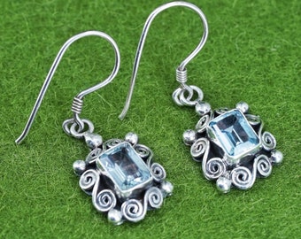 Vintage sterling silver 925 handmade earrings with blue topaz and sprial details, stamped 925