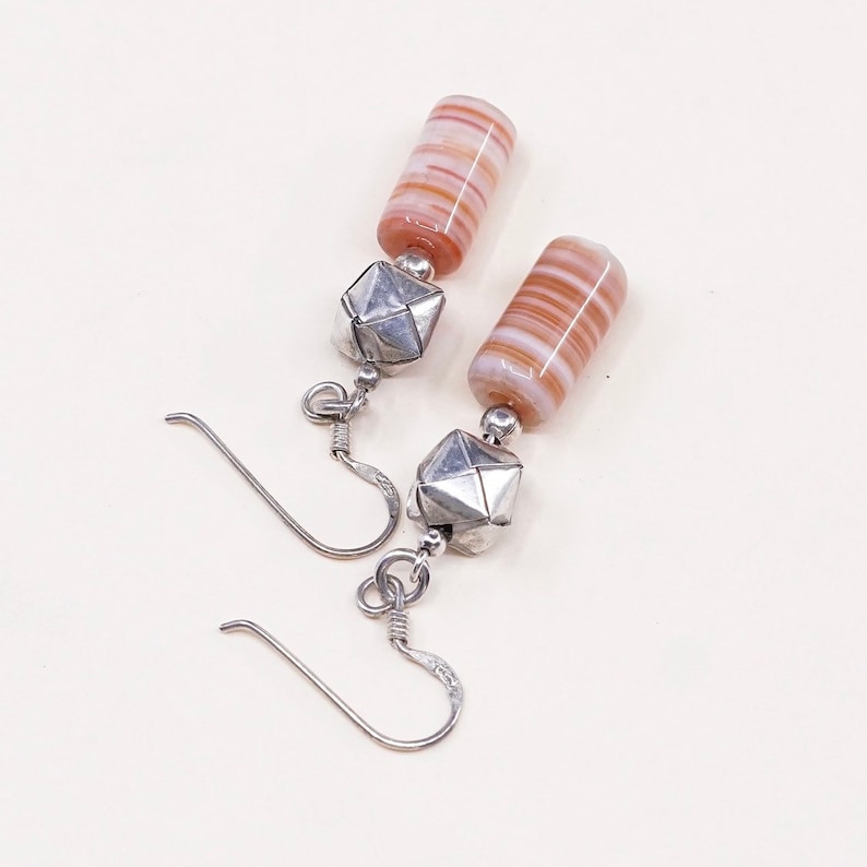 Vintage 000409 Sterling silver handmade earrings solid Thailand 925 silver origami beads with orange agate drops Stamped 925