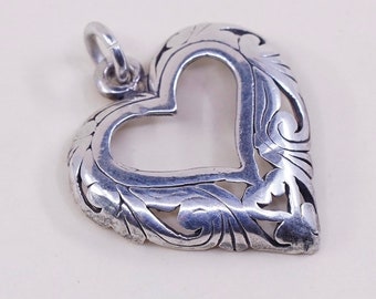 vintage Bali sterling silver handmade pendant, 925 silver filigree heart charm, stamped sterling
