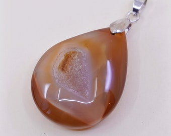 Colgante de lágrima vintage enorme sterling 925 plateado hecho a mano con ágata drusa, plata probada