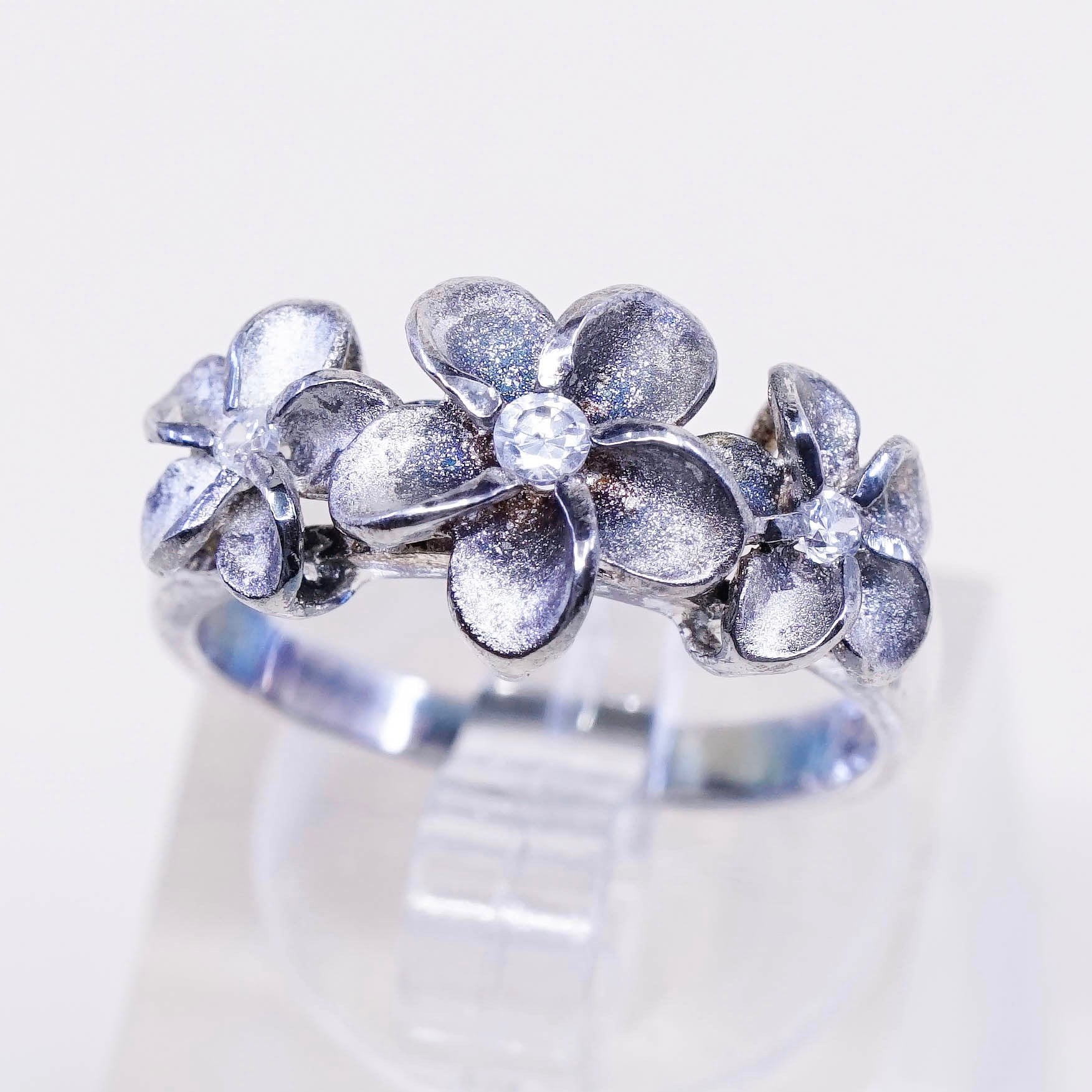 Size 6, Vintage Sterling Silver Plumeria Flower With Crystal Ring