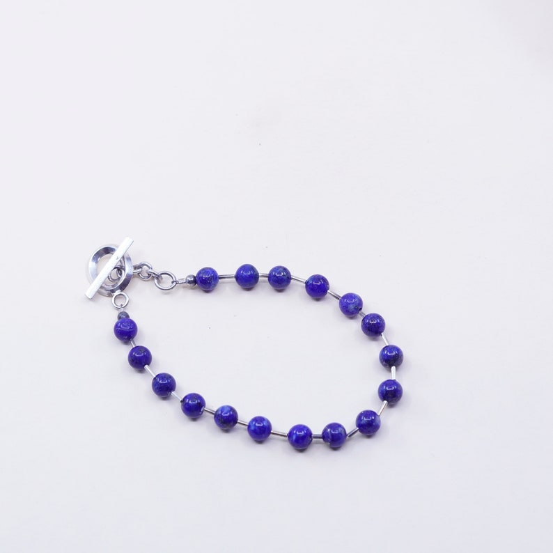 Vintage Sterling 925 silver Handmade bracelet with square shaped lapis lazuli beads 7\u201d silver tested