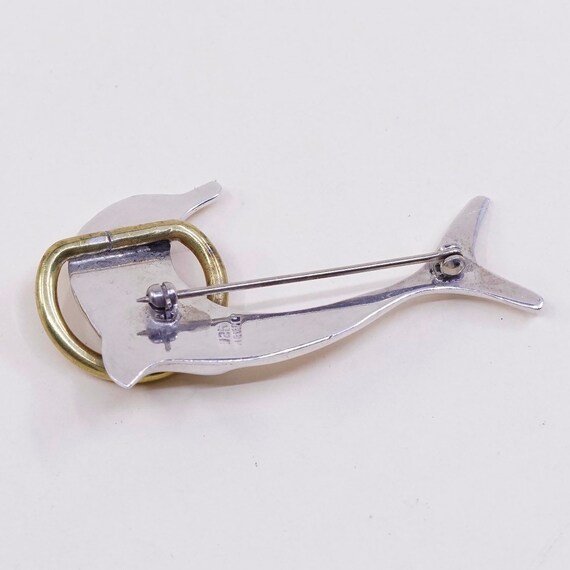 Vintage two Tone sterling silver handmade brooch, solid 925 silver dolphin w/ brass ring, stamped 925 mexico View 3