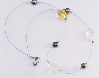 16”, Vintage Sterling 925 silver handmade necklace, stainless chain with citrine and pearl, silver tested