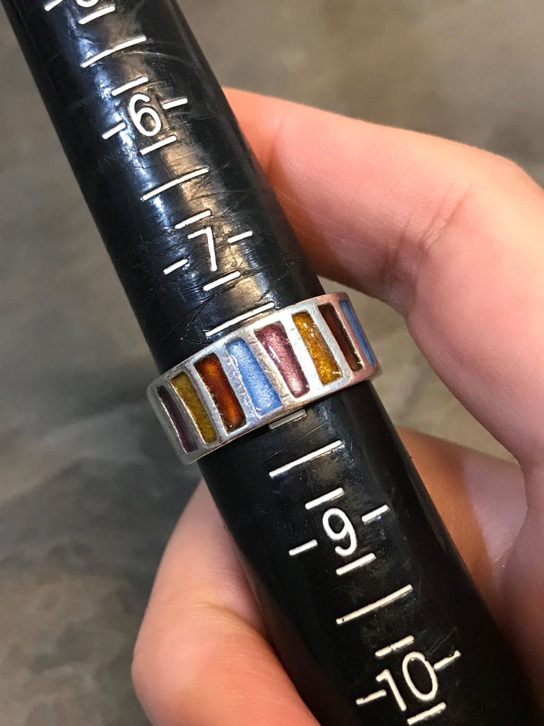 Sterling silver handmade ring Size 8 signed solid 925 silver band with colorful enamel inlay Zuni vintage stamped 925 010540