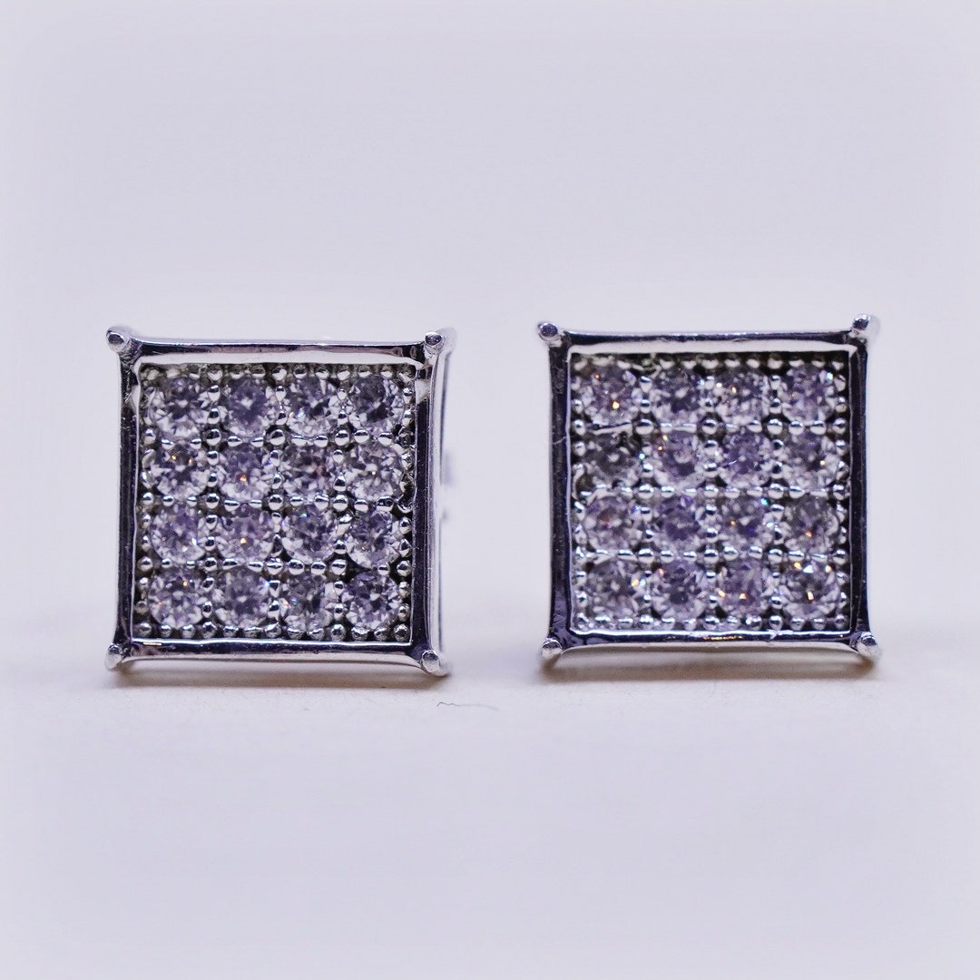 Vintage Lusso Sterling Silver Earrings 925 Studs With Square Cluster Diamonds Stamped 925 Etsy