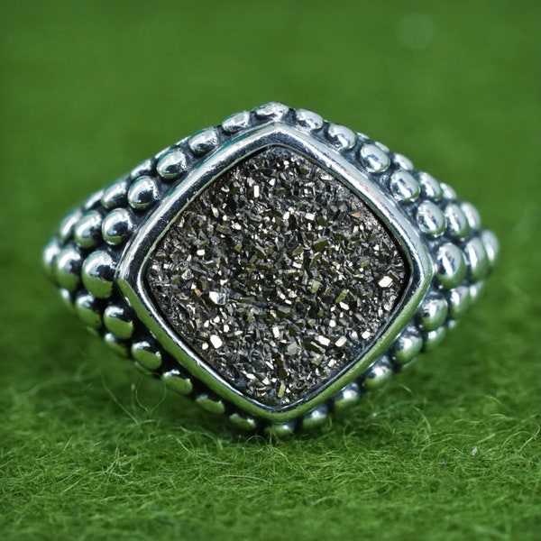 Size 7, vintage Michael Dawkins Sterling 925 silver handmade ring with golden druzy stone, stamped 925 Michael Dawkins