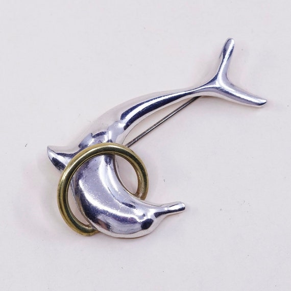 Vintage two Tone sterling silver handmade brooch, solid 925 silver dolphin w/ brass ring, stamped 925 mexico View 2
