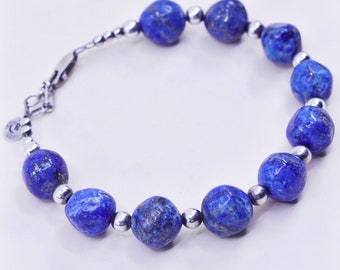 7.5+1”, Vintage Sterling 925 silver Handmade bracelet with 10mm lapis lazuli beads, stamped 925