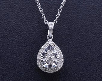 18” Vintage Sterling silver handmade necklace, 925 teardrop with cluster diamonds, stamped 925