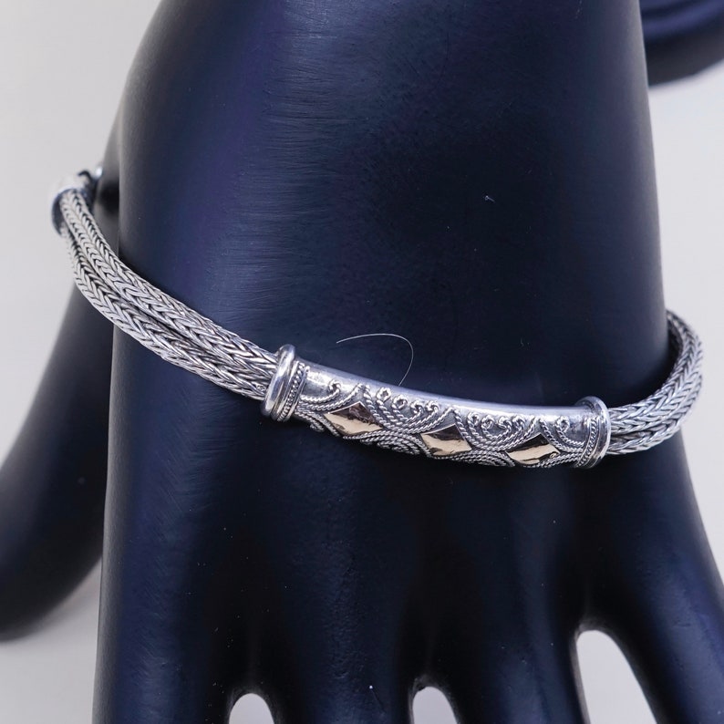 6.5\u201d+1\u201d double strands 925 wheat chain with bar vintage 14K gold accent with sterling silver handmade bracelet stamped 925