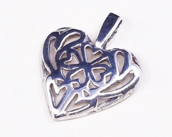 vintage Bali sterling silver handmade pendant, 925 silver filigree heart charm, stamped 925