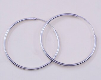 1.5” Vintage sterling 925 silver loop earrings, fashion minimalist primitive hoops, Stamped 925