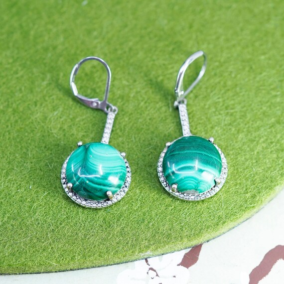 Vintage Karis sterling 925 silver handmade earrings with round malachite, stamped 925 Karis View 4