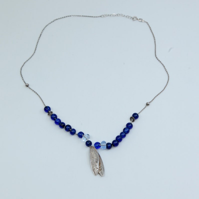 Sterling silver handmade necklace stamped 925 italy 925 circle link chain with leaves pendant and blue glass beads 16+1.5\u201d
