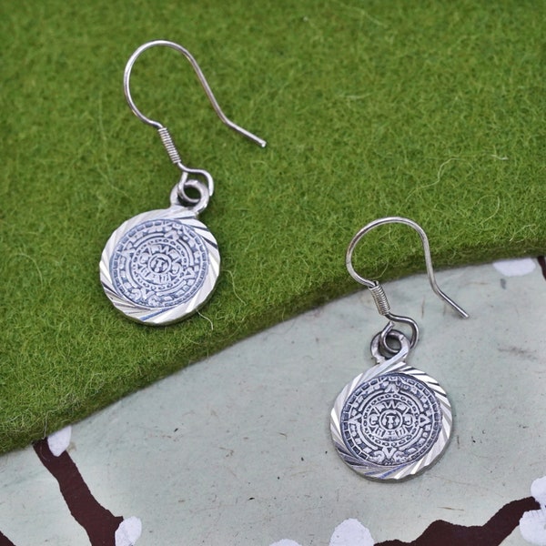 Vintage mexico sterling silver handmade earrings, 925 mayan calendar tag dangle, stamped plata 925 Mexico