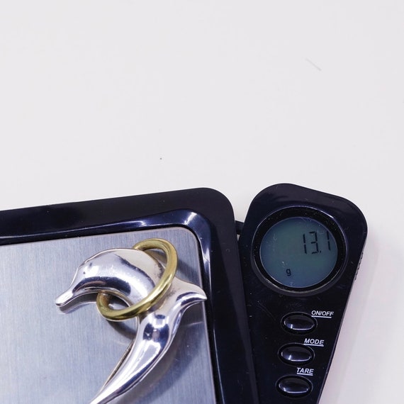 Vintage two Tone sterling silver handmade brooch, solid 925 silver dolphin w/ brass ring, stamped 925 mexico View 6
