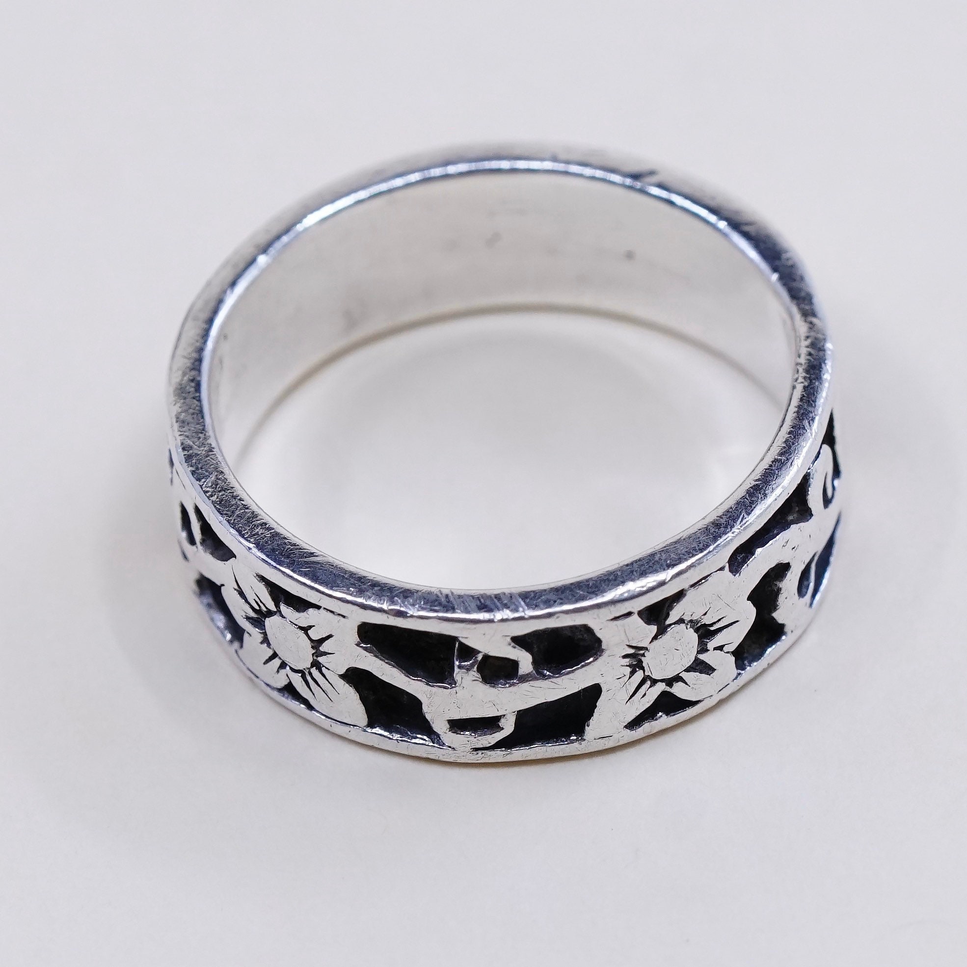 Bague Ancienne En Argent Sterling 925 Gravée Fleur - Taille 8 - Occasion Authentique